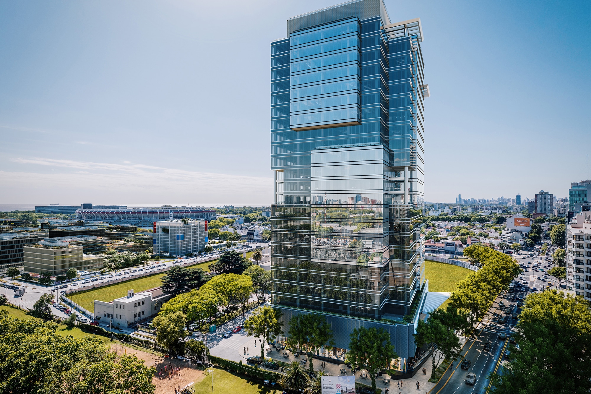 Exterior view of 7 Mil Libertador, a modern glass high-rise in Buenos Aires
