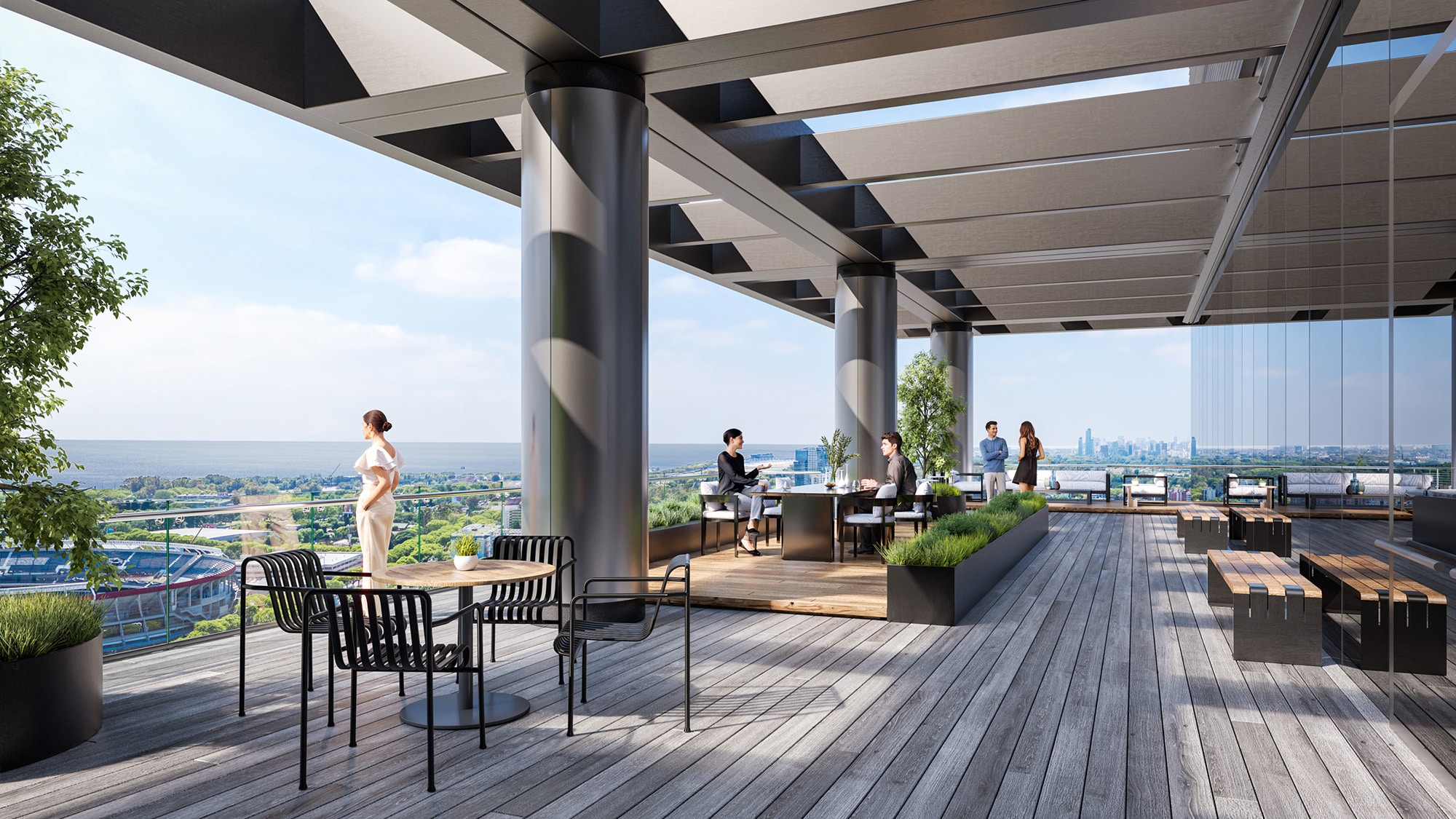 People relaxing and enjoying the city view from the spacious terrace of 7Mil Libertador