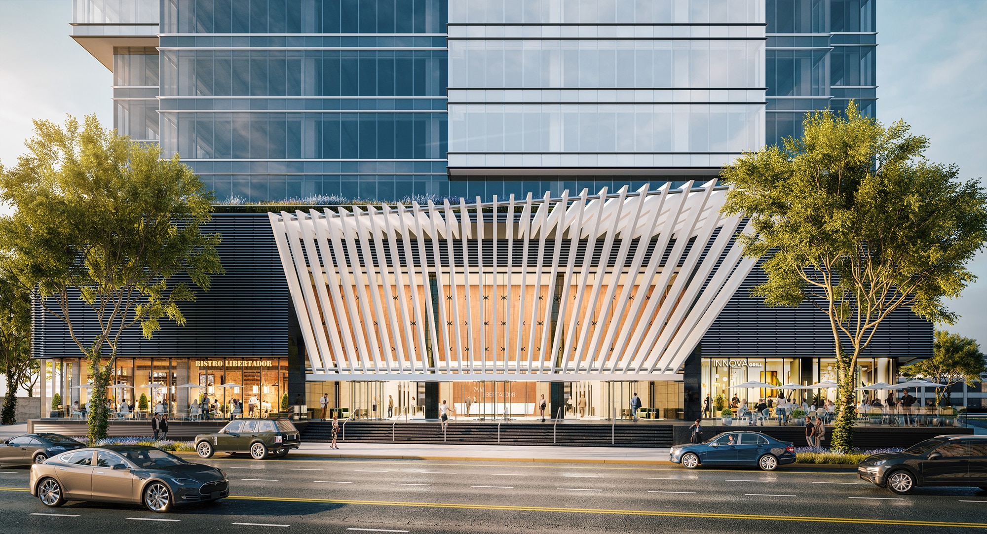 Front view of the 7Mil Libertador building entrance with sleek modern architectural design